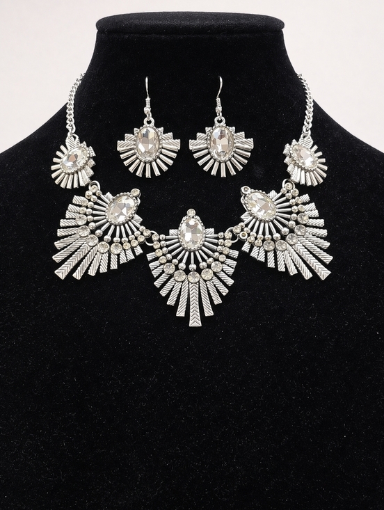 Jewelry - Silver Statement Necklace Set | Crystal Fan Design | Matching Earrings